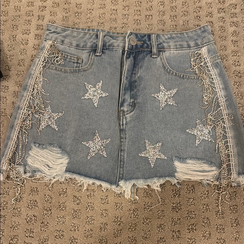 Embellished Denim Skirt with Star Accents